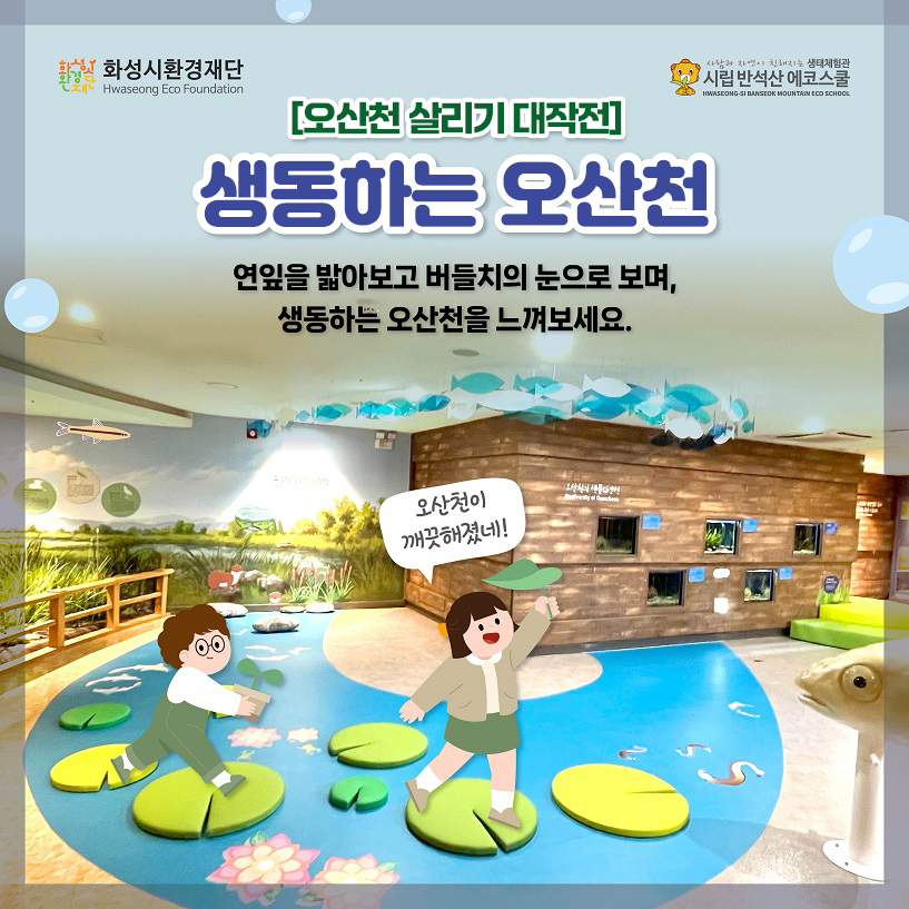 화성시환경재단 시립 반석산 에코스쿨 [오산천 살리기 대작전] 생동하는 오산천 연잎을 밟아보고 버들치의 눈으로 보며, 생동하는 오산천을 느껴보세요. 오산천이 깨끗해졌네!